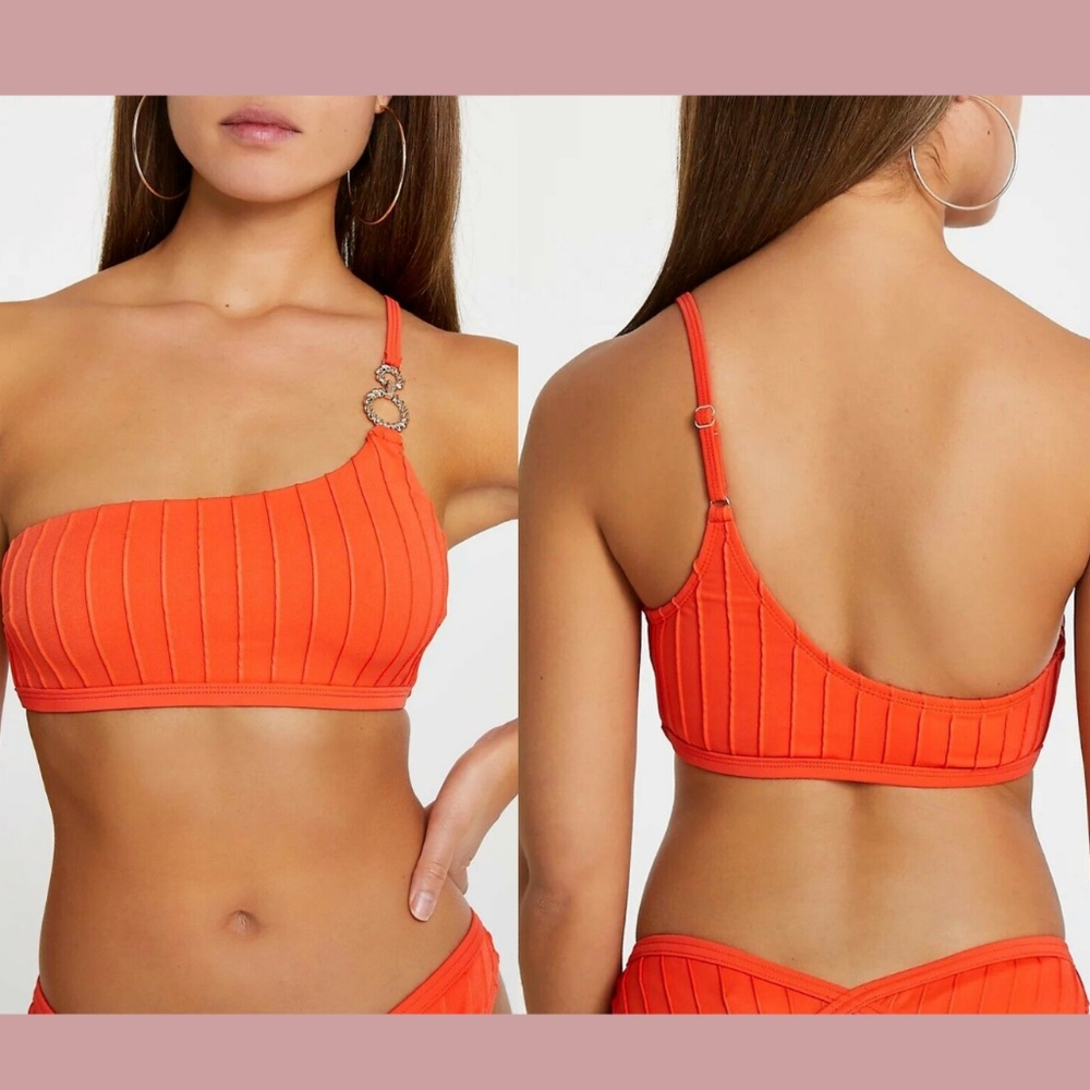 NEW RIVER ISLAND‎ [ 4 ] Ring Trim One Shoulder Rib Bikini Swim Top in Orange